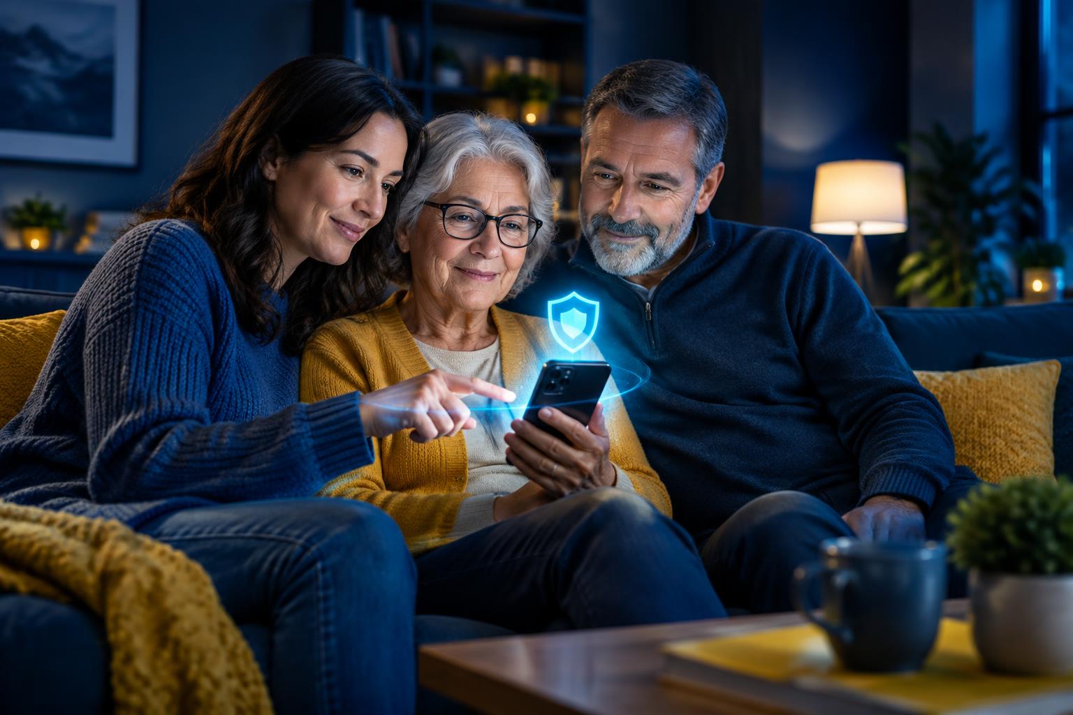 Family safely reviewing a message on a smartphone together